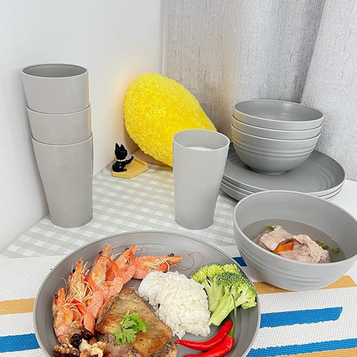 16pcs Wheat Straw Tableware Set, Plates, Bowls, Cups