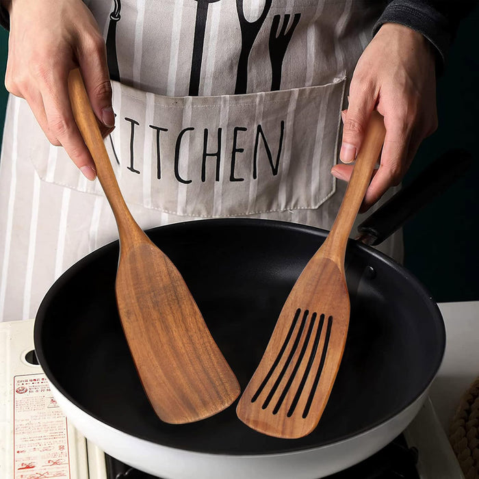 Wooden Frying Spatula Long Handle set of 2
