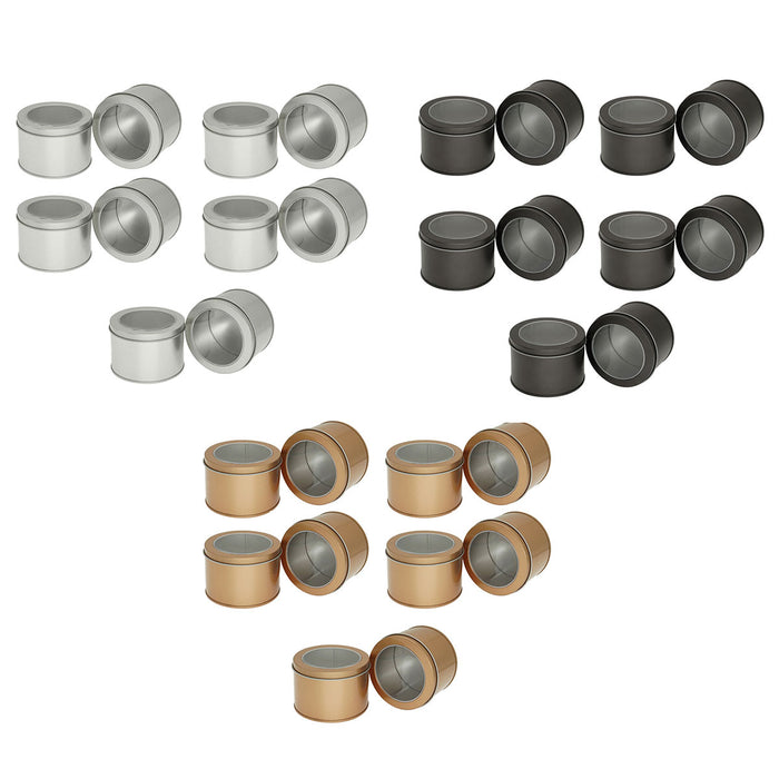 10 Pcs Window Tin Boxes Round Iron 9x6cm Grey Gold Silver
