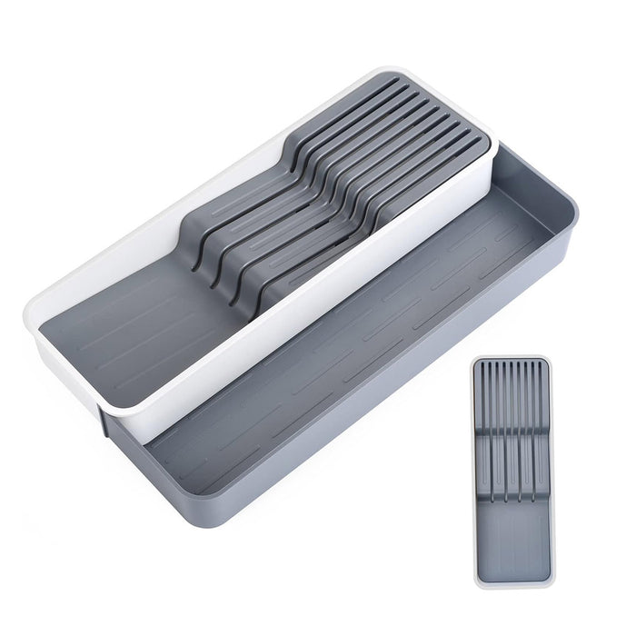 Expandable Knife Organiser Tray with Silicone Inserts White Grey