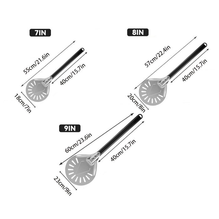 304 Stainless Steel Perforated Pizza Peel with Wooden Handle 3 Sizes 7 in / 8 in / 9 in