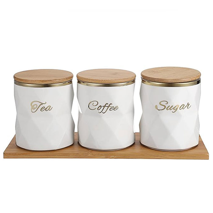 3 Pcs Ceramic Airtight Storage Jars with Bamboo Lids and Tray