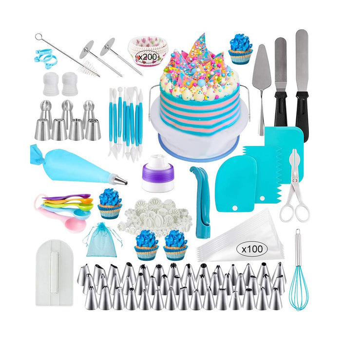 420 Pcs Cake Decorating Kit with 11in Turntable Blue Silver