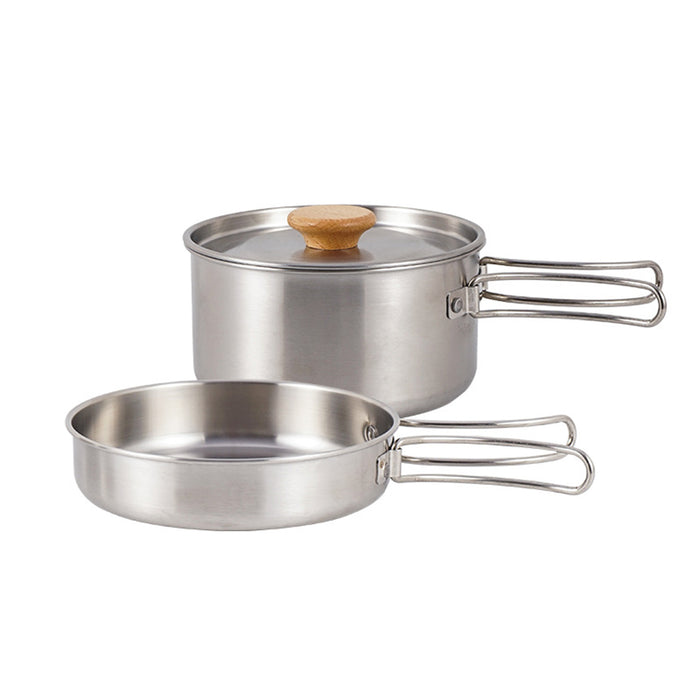 2 Pcs 304 Stainless Steel Camping Pot and Pan Set with Folding Handles