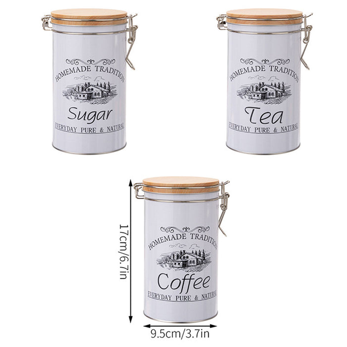 3PCS White Tinplate Coffee Tea Sugar Storage Jar Set