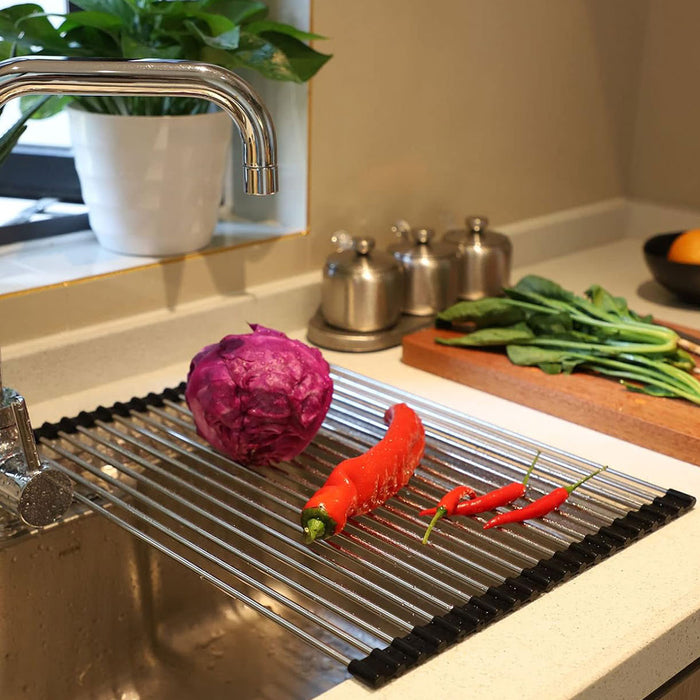 Stainless Steel Folding Sink Draining Rack with Silicone Pad