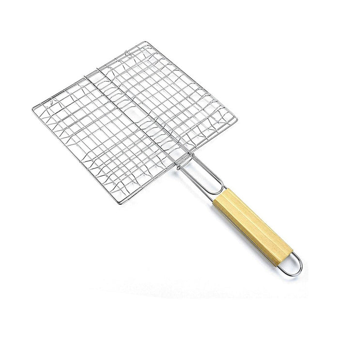 2 Pcs Electroplated Iron BBQ Net Clamp with Wooden Handle Square Mesh