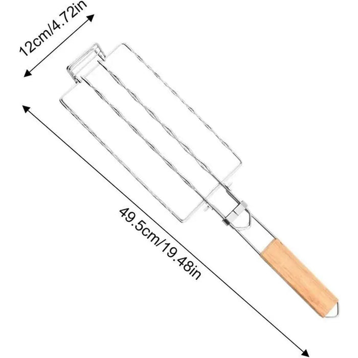304 Stainless Steel Portable Sausage BBQ Grill Net with Wooden Handle