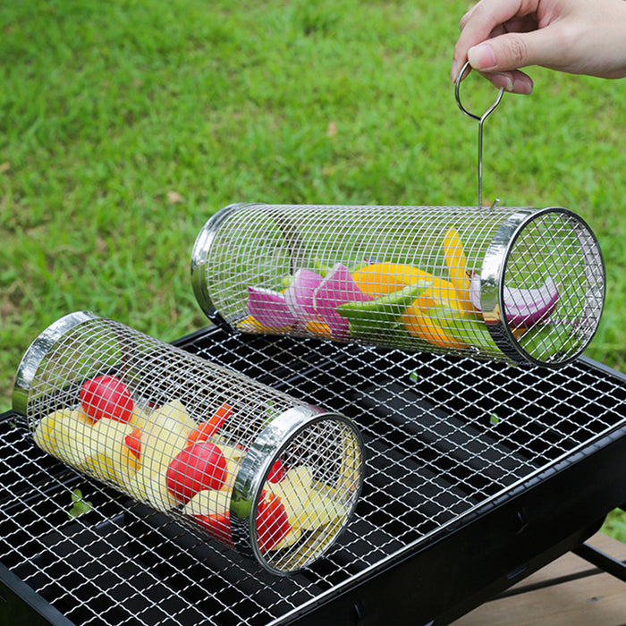 2 Pcs Stainless Steel Rotating BBQ Basket Round Grill Cage Small 20 x 9.5 cm / Large 30 x 9.5 cm