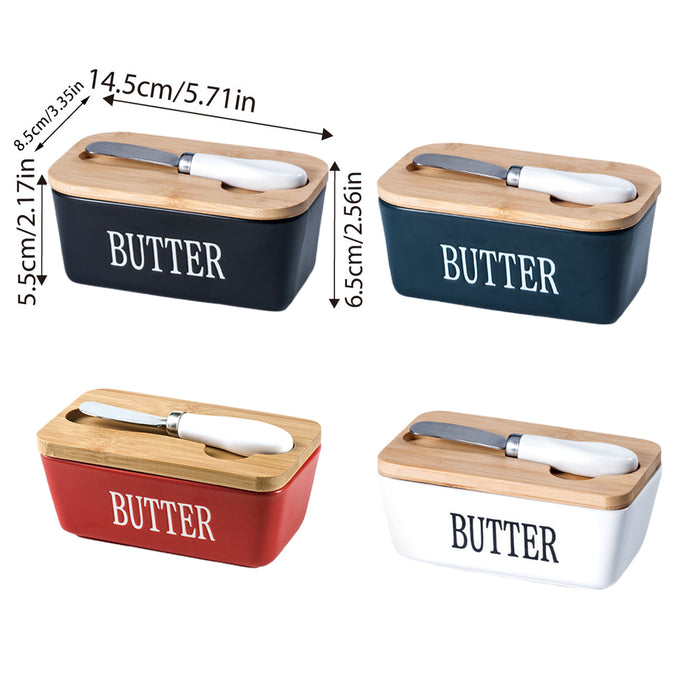 Ceramic Butter Box with Bamboo Lid Knife Slot 14.5cm