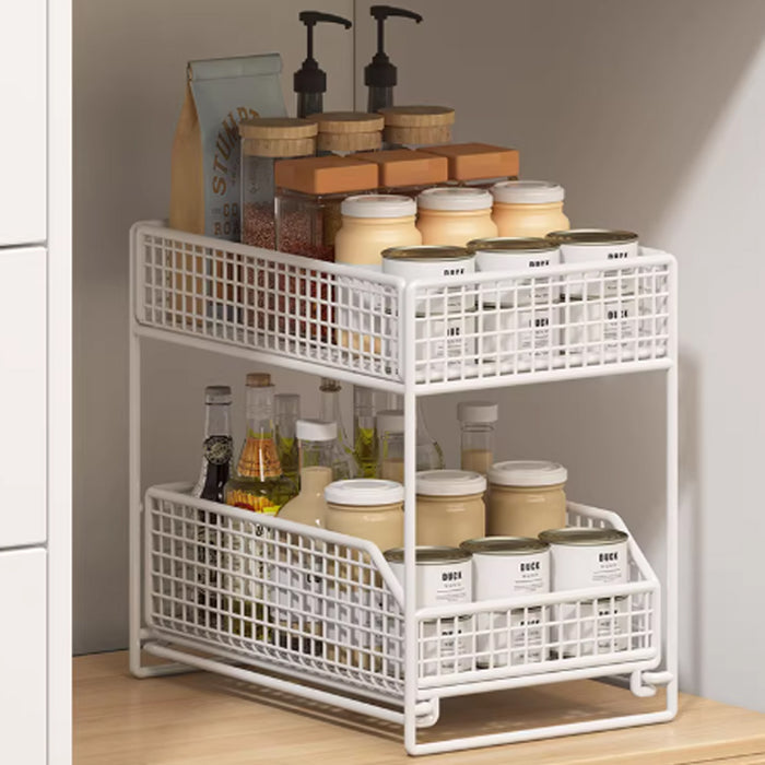 Pull-Out Storage Shelf Two-Tier White Wireframe Organizer