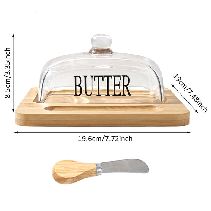 Butter Dish with Glass Lid Bamboo Base With Knife Slot