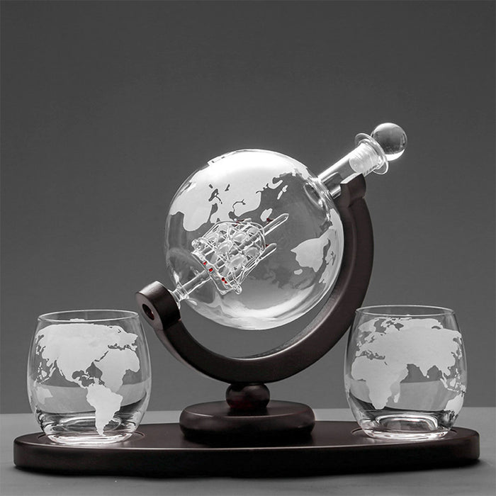 Globe Wine Decanter Set with Sailing Ship and 2 Glasses