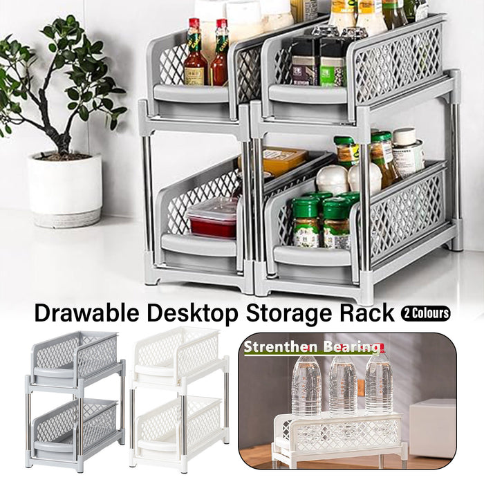 2 Tier Spice Rack Storage Organiser Plastic with Pull-Out Drawer