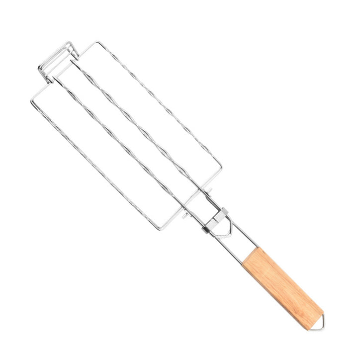 304 Stainless Steel Portable Sausage BBQ Grill Net with Wooden Handle