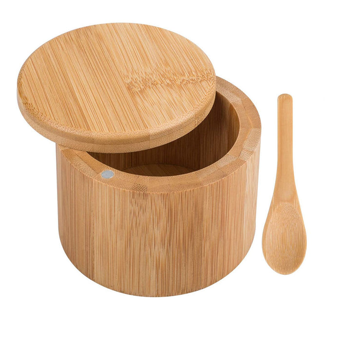 Bamboo Salt Box With Magnetic Swivel Lid And Spoon
