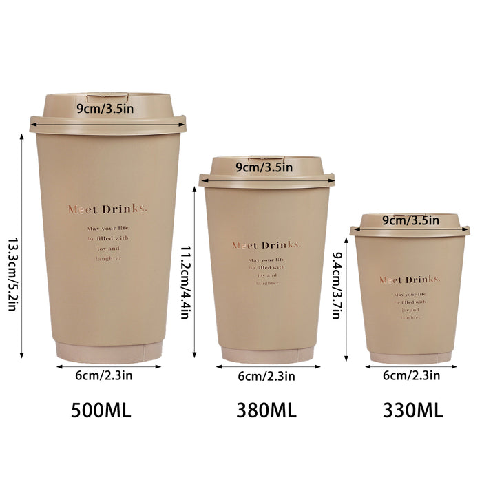 50 Pcs Coffee Paper Cups with Lids Matte Brown 330ml 380ml 500ml