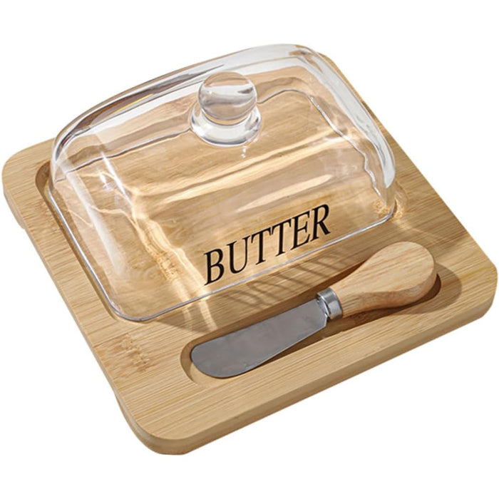 Butter Dish with Glass Lid Bamboo Base With Knife Slot