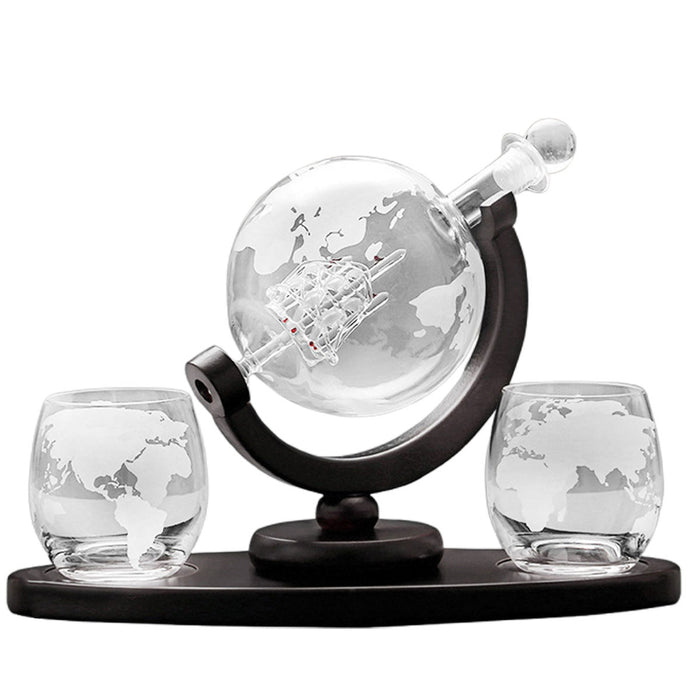 Globe Wine Decanter Set with Sailing Ship and 2 Glasses