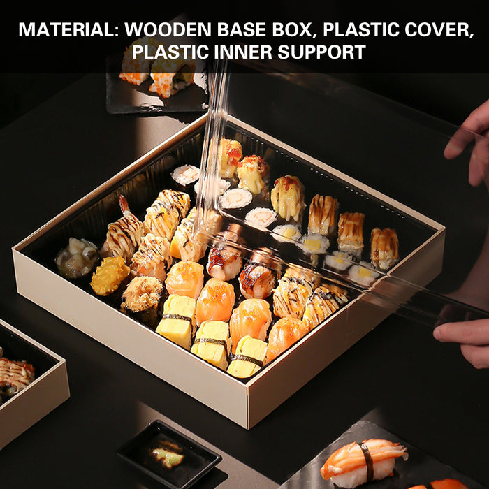 20 Pcs Disposable Sushi Bento Lunch Boxes Wooden Base Transparent Lid 3 Sizes