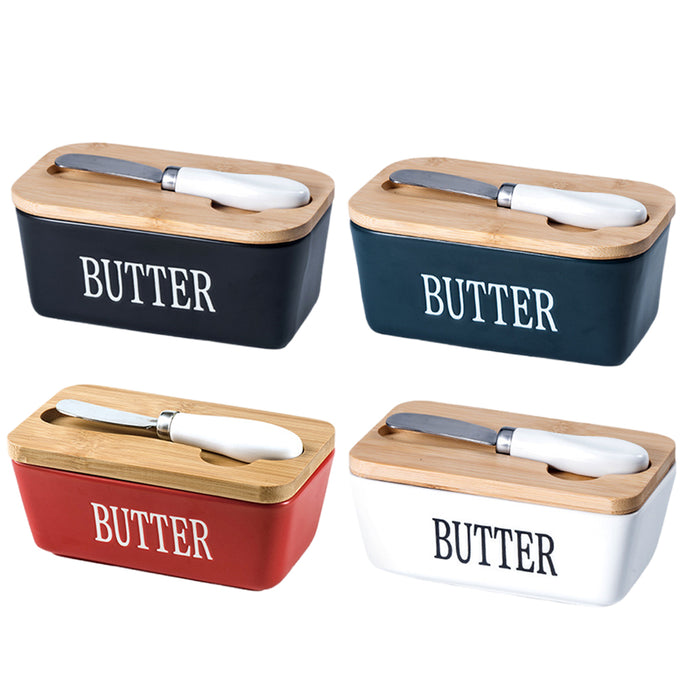 Ceramic Butter Box with Bamboo Lid Knife Slot 14.5cm