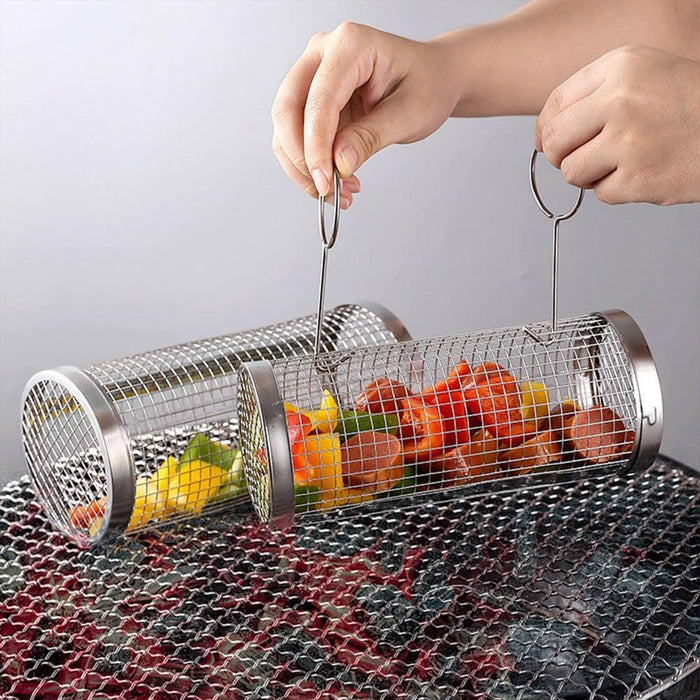 2 Pcs Stainless Steel Rotating BBQ Basket Round Grill Cage Small 20 x 9.5 cm / Large 30 x 9.5 cm