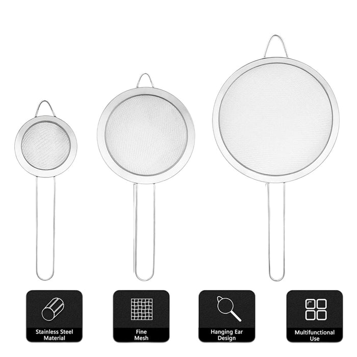 3 Pcs Stainless Steel Flour Sifter Fine Mesh Strainer Set