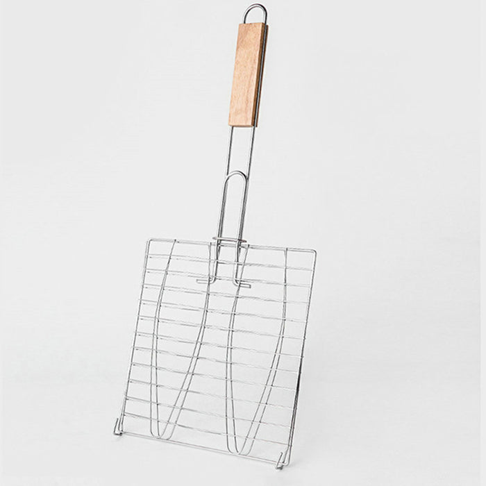 Iron BBQ Net Clamp with Wooden Handle Fish and Square Shape 2 Sizes