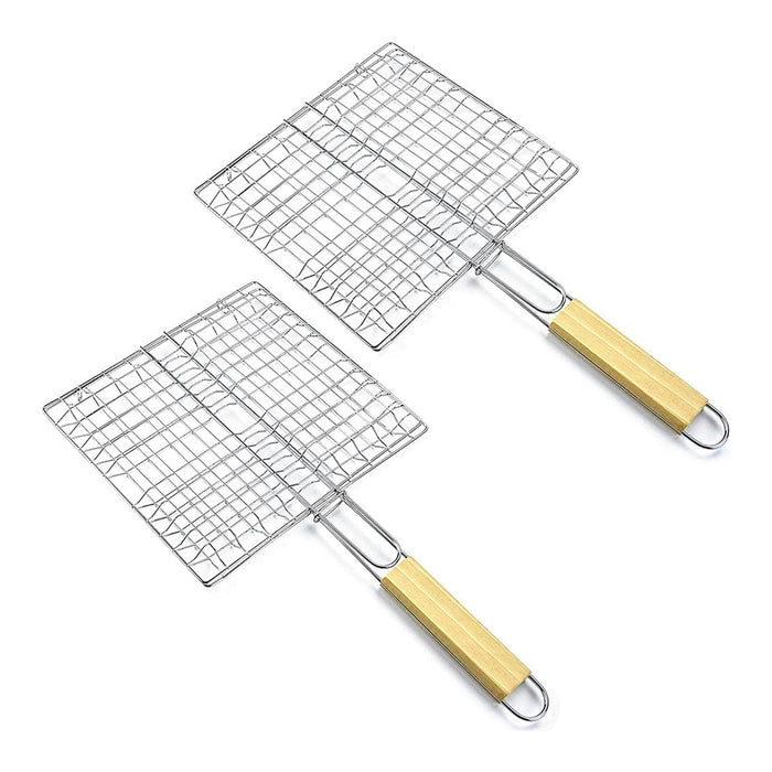2 Pcs Electroplated Iron BBQ Net Clamp with Wooden Handle Square Mesh