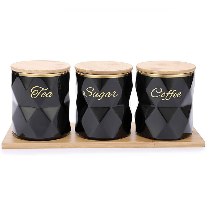 3 Pcs Ceramic Airtight Storage Jars with Bamboo Lids and Tray