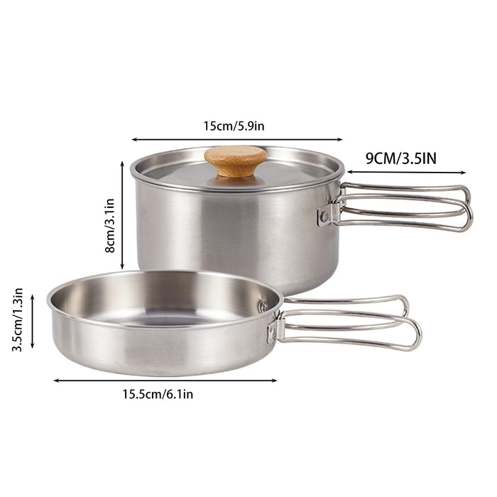 2 Pcs 304 Stainless Steel Camping Pot and Pan Set with Folding Handles
