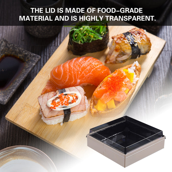 20 Pcs Disposable Sushi Bento Lunch Boxes Wooden Base Transparent Lid 3 Sizes