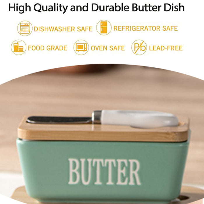 Ceramic Butter Box with Bamboo Lid Knife Slot 14.5cm
