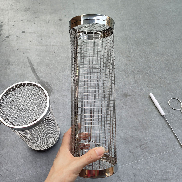 2 Pcs Stainless Steel Rotating BBQ Basket Round Grill Cage Small 20 x 9.5 cm / Large 30 x 9.5 cm