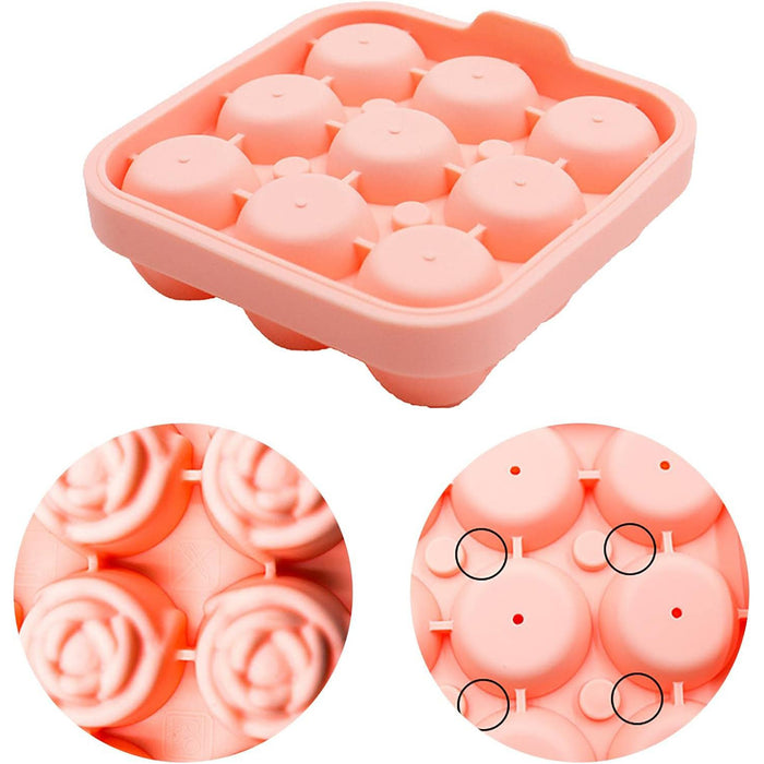 9 Cavity Rose Ice Ball Mould Food Grade Silicone Pink