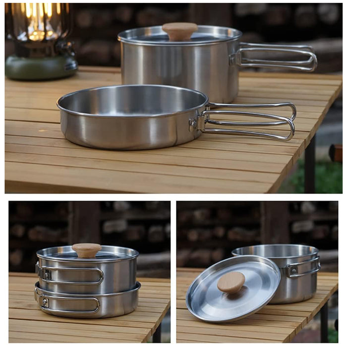 2 Pcs 304 Stainless Steel Camping Pot and Pan Set with Folding Handles