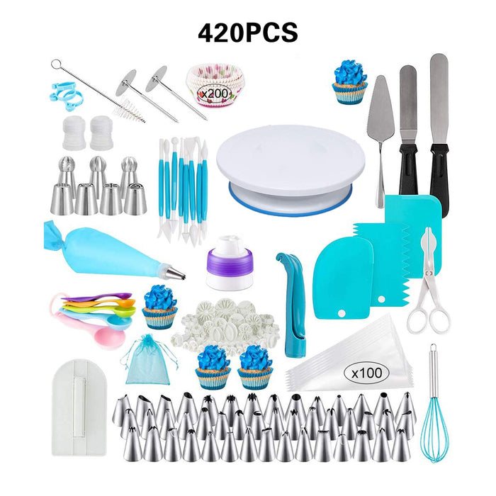 420 Pcs Cake Decorating Kit with 11in Turntable Blue Silver