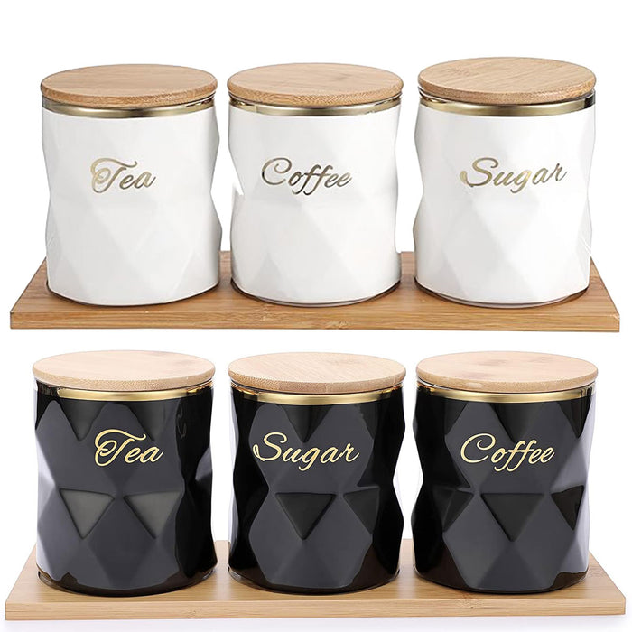 3 Pcs Ceramic Airtight Storage Jars with Bamboo Lids and Tray