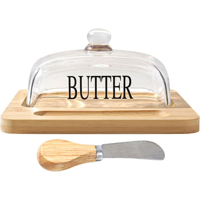 Butter Dish with Glass Lid Bamboo Base With Knife Slot