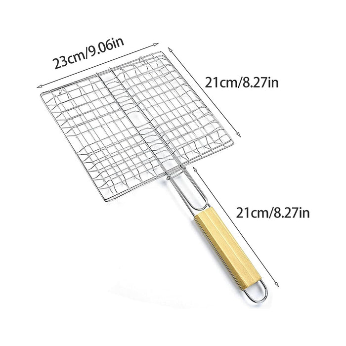 2 Pcs Electroplated Iron BBQ Net Clamp with Wooden Handle Square Mesh