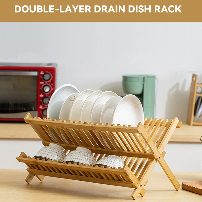 Foldable Bamboo 2 Tier Dish Drying Rack for Kitchen Counter