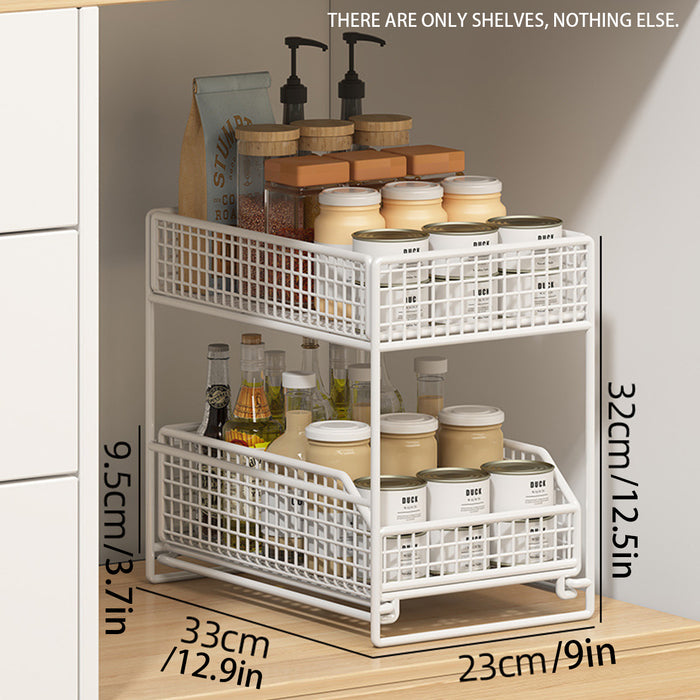 Pull-Out Storage Shelf Two-Tier White Wireframe Organizer