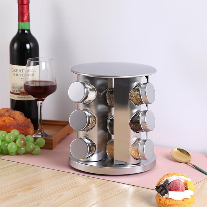 Stainless Steel Rotating Spice Rack with 12 Glass Jars