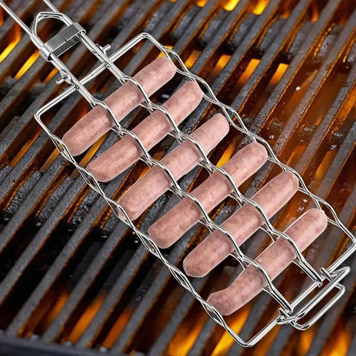 304 Stainless Steel Portable Sausage BBQ Grill Net with Wooden Handle