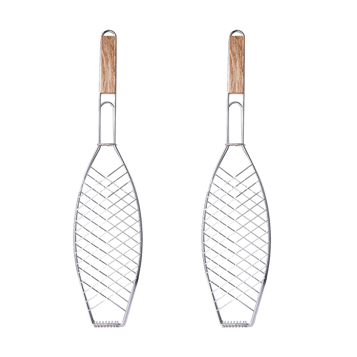 Iron BBQ Net Clamp with Wooden Handle Fish and Square Shape 2 Sizes