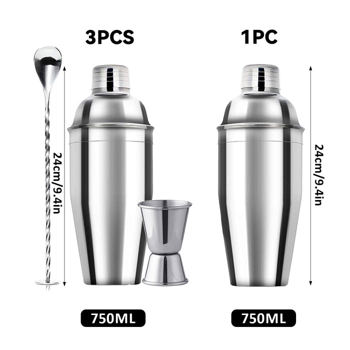 3 Pcs Stainless Steel Cocktail Shaker Set 750ML with Jigger