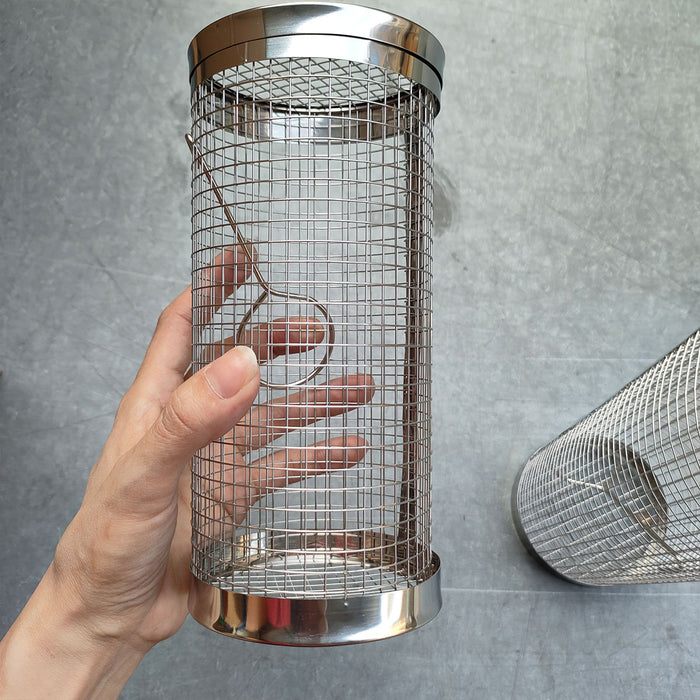 2 Pcs Stainless Steel Rotating BBQ Basket Round Grill Cage Small 20 x 9.5 cm / Large 30 x 9.5 cm