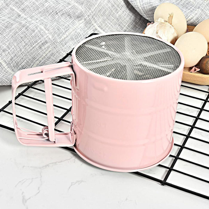 Stainless Steel Hand Crank Rotary Flour Sifter for Baking in Pink or Blue
