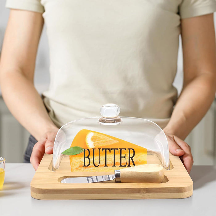 Butter Dish with Glass Lid Bamboo Base With Knife Slot