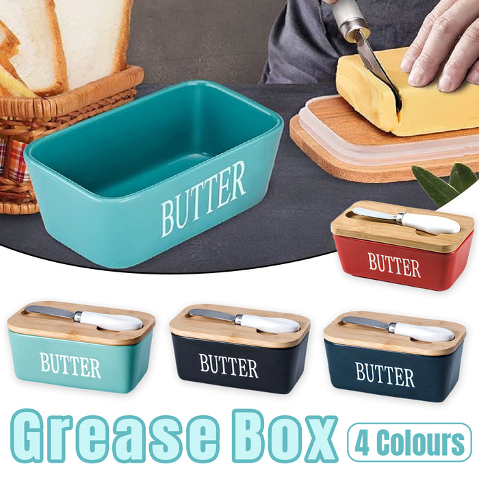 Ceramic Butter Box with Bamboo Lid Knife Slot 14.5cm